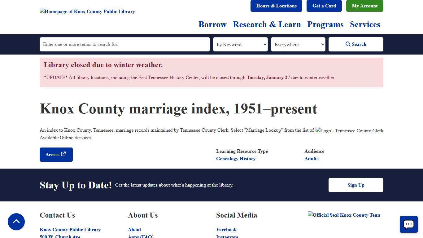 Knox County marriage index, 1951–present Knox County Public Library